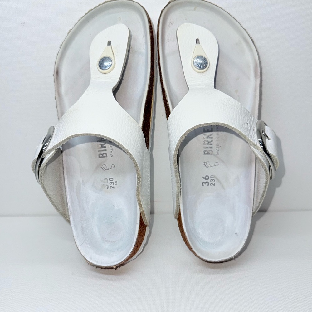 Birkenstock White Thong Sandals with Silver Buckle - Picture 4 of 9